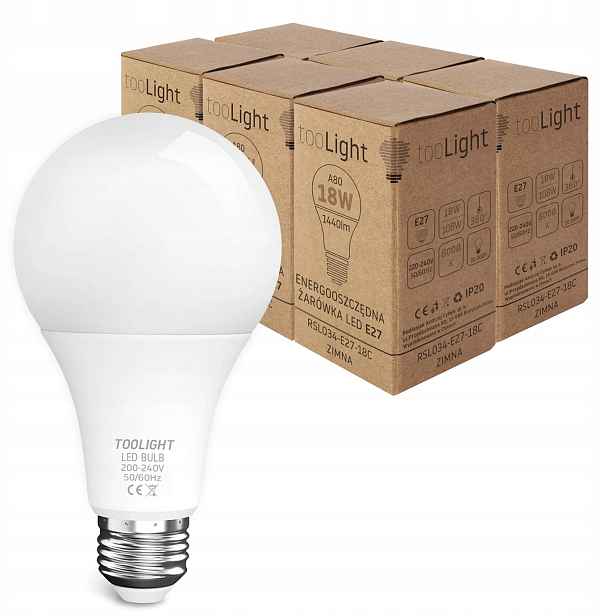 Sada 6x Led žárovka E27 18W Studená barva 6000K Silná Premium Toolight