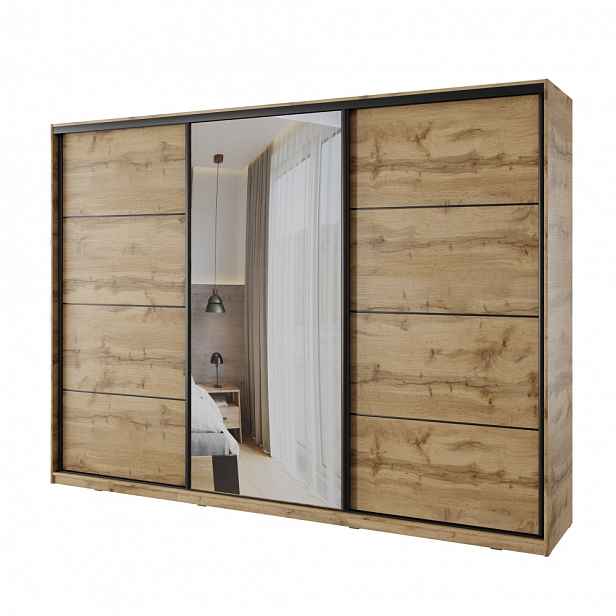 Šatní skříň NEJBY BARNABA 280 cm  s posuvnými dveřmi,zrcadlem,4 šuplíky a 2 šatními tyčemi,dub wotan