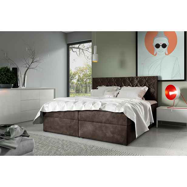 Postel boxspring s prošívaným čelem EUGENA - 120x200, hnědá 1 + topper ZDARMA