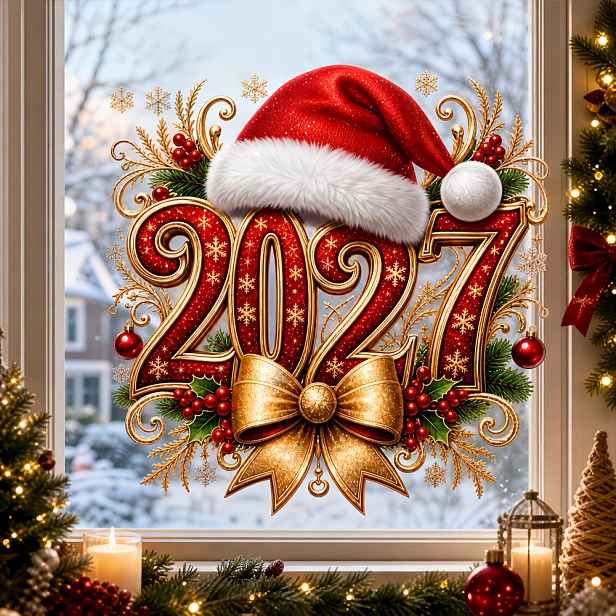 TEMU 1 ks 2027 Vánoce Nový rok Statická skleněná samolepka Červená Zlatá Santa Claus Čepice Digitální Mašle Okenní sklo Okenní dekorace