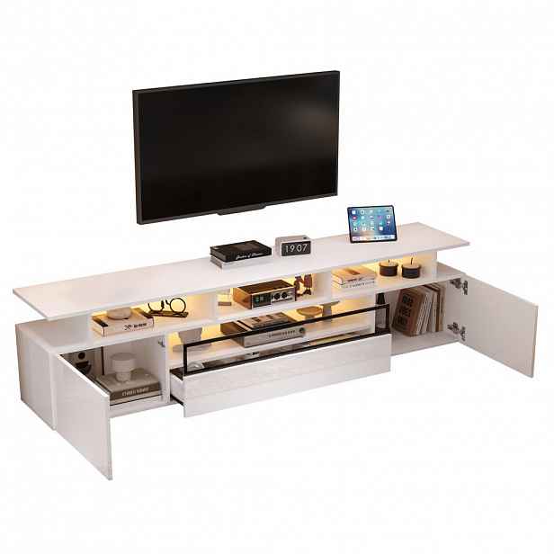 Modfu TV skříňka z dřevotřísky 180x38x45 cm bílá s LED osvětlením, 2 dvířky, zásuvkou a vysokým leskem