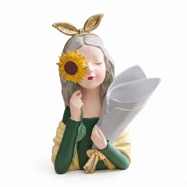 Ženská Figurka S Vázou Na Květiny Slunečnice Zelená Dekorace Domu 34 CM