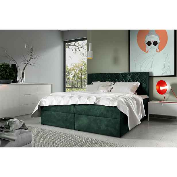 Postel boxspring s prošívaným čelem EUGENA - 120x200, zelená + topper ZDARMA