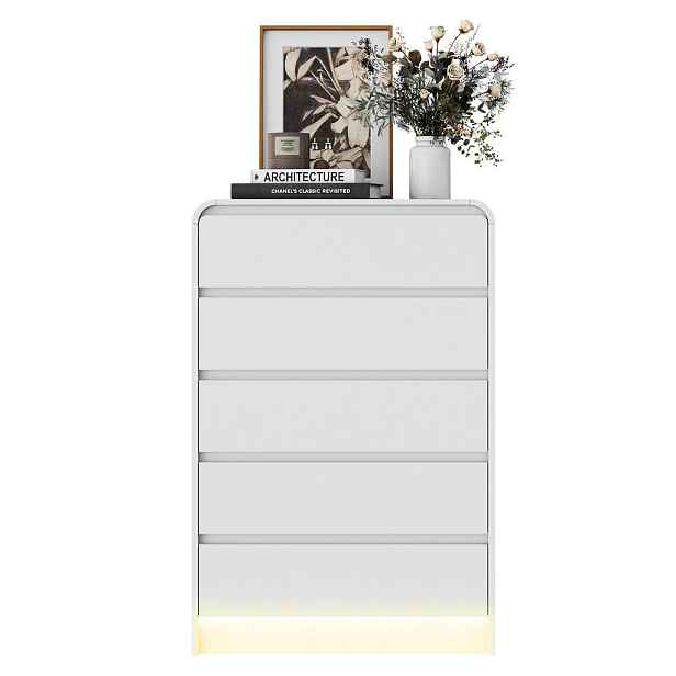 EuroLiving KOMODA s 5 zásuvkami, minimalistický design, LED osvětlení, tiché zásuvky, kovové pojezdy, mechanismus proti převrácení, bílá