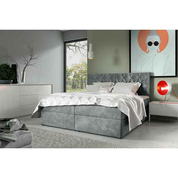 Postel boxspring s prošívaným čelem EUGENA - 120x200, šedá + topper ZDARMA