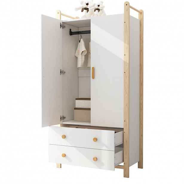 Modfu ŠATNÍ skříň z borovice a deskového materiálu 89,6x44x180,5 cm přírodní/bílá se šatní tyčí a 2 zásuvkami