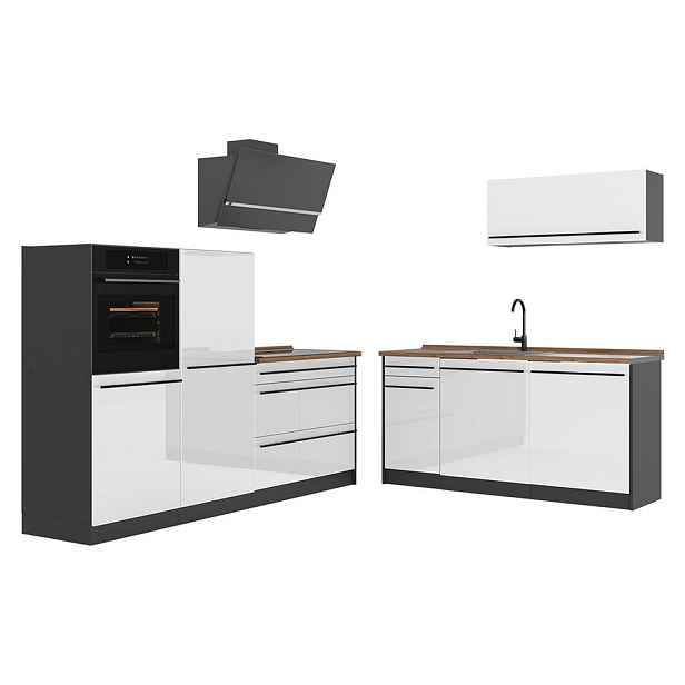 Vicco KUCHYŇSKÝ KOUT R-Line, Bílá vysoký lesk/Antracit, 220 cm pracovná doska Dub Goldkraft