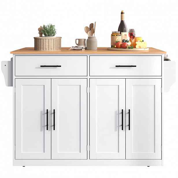 OKWISH KUCHYŇSKÝ vozík 120/46(70)/91,5 cm bílý a přírodní z MDF se sklápěcí deskou a kolečky