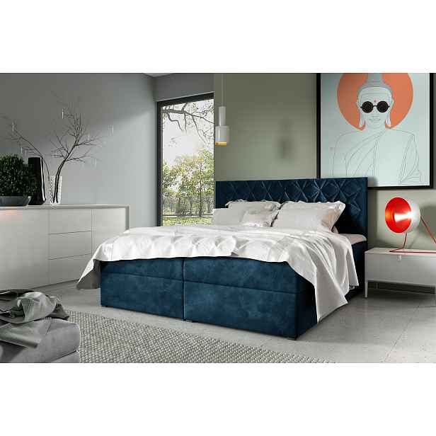 Postel boxspring s prošívaným čelem EUGENA - 140x200, modrá + topper ZDARMA