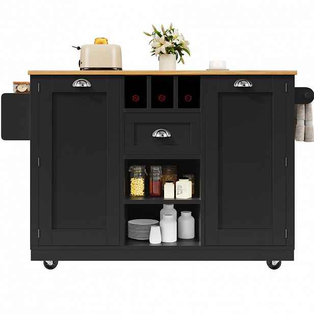 Modfu KUCHYŇSKÝ vozík z MDF 140x70x93,5 cm černý se sklopnou deskou, policí na víno, zásuvkou a kolečky