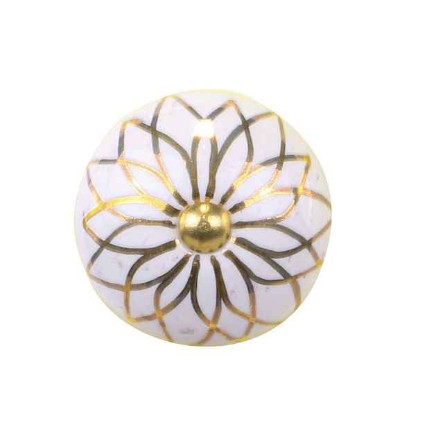 Bílá antik porcelánová úchytka s mosaznou květinou Cruz - Ø 4*6,5 cm Chic Antique