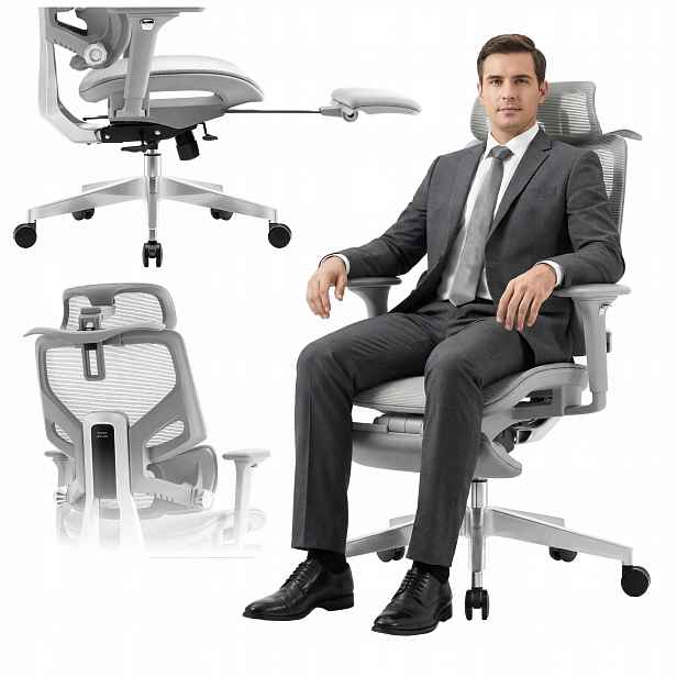 Kancelářská otočná židle Mark Adler šedá ergonomická s podnožkou a věšákem