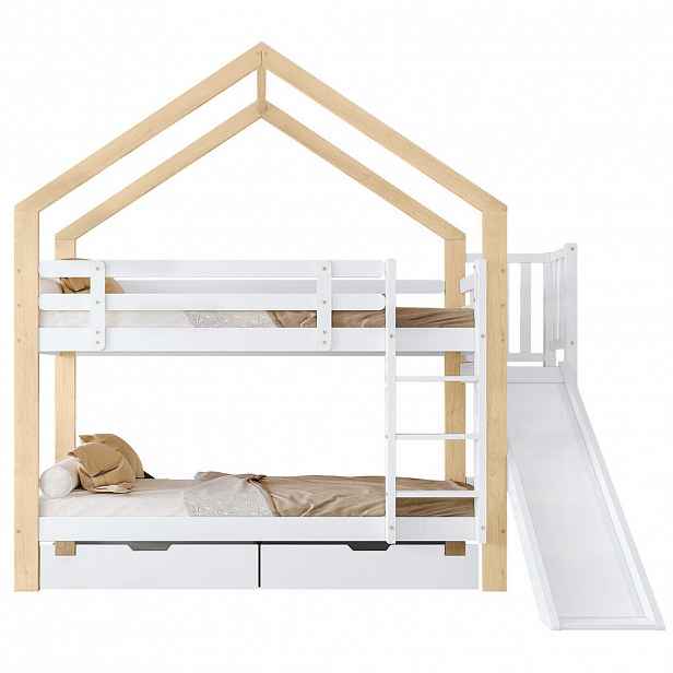 OKWISH PATROVÁ postel 90/200 cm bílá a přírodní z masivu a MDF se skluzavkou a úložnými zásuvkami