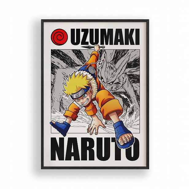 Obraz Naruto Uzumaki Anime Plakát Rámeček Dřevěný Černý 30x42 cm