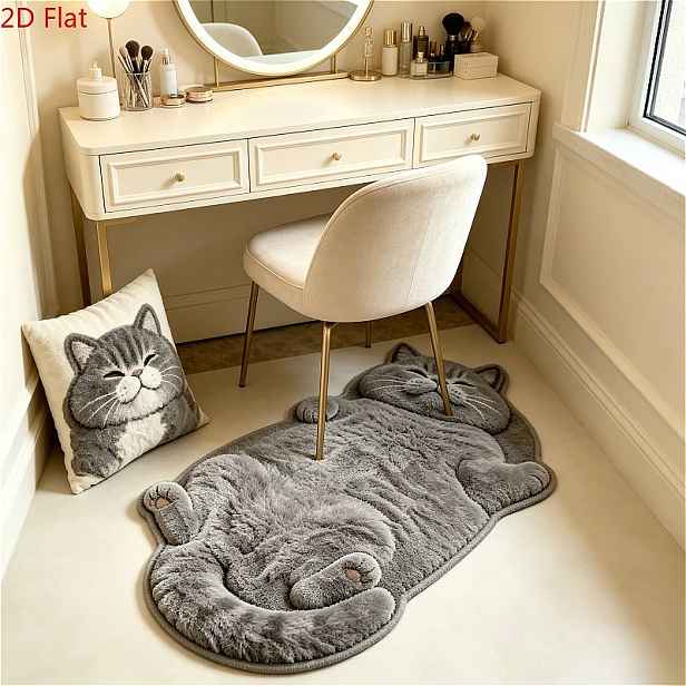TEMU Sametový koberec 900G 9Mm 2D Flat Cute Simulation Soft Kitten Bedroom Decoration Plyšový koberec Kreativní šedá kočka Vstupní rohožka Nadýchaný