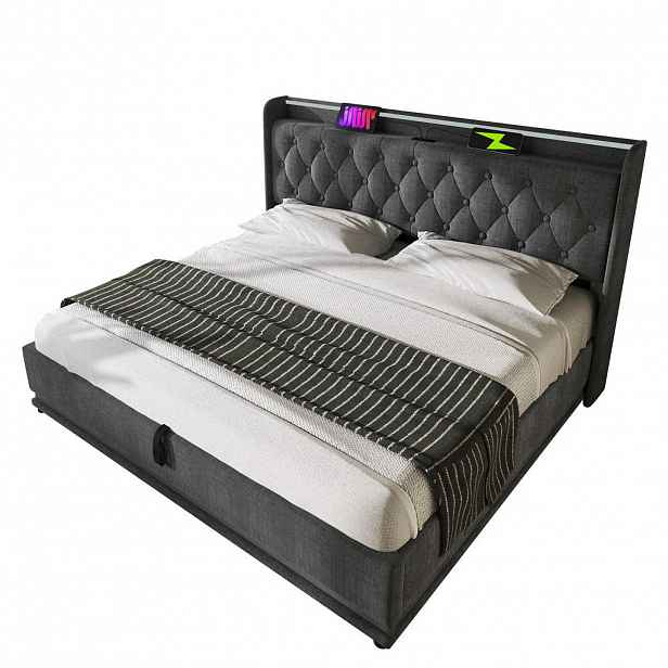 Modfu ČALOUNĚNÁ postel z lněné tkaniny 140x200 cm šedá s 360° LED, USB-C a hydraulickým úložným prostorem