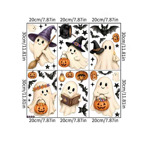 TEMU Balení 6 listů Halloweenských samolepek s ducha, dekorativní samolepky na okna domů, statické samolepky s netopýry a dýně, samolepky na skleněné