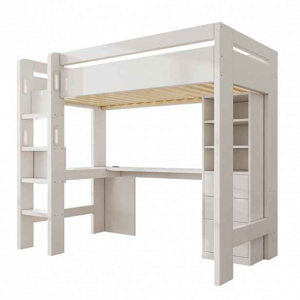 Modfu PATROVÁ postel z MDF a masivu 90x200 cm bílá s psacím stolem, regály, zásuvkami a USB/Type-C nabíjením