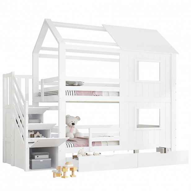 OKWISH PATROVÁ postel 90/200 cm bílá z borovice a MDF se schodišťovou skříňkou