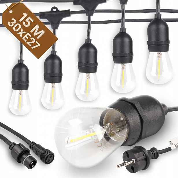 Venkovní Zahradní Girlanda 15 m Řetěz 230V Led Žárovky 30 x E27 1W 2700K