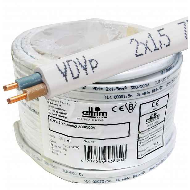 Kabel YDYp 2x1,5 mm měděný drát Cu, plochý, role 25 m