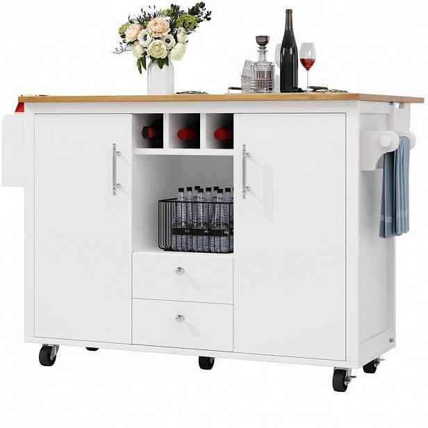 Modfu KUCHYŇSKÝ ostrůvek z MDF a kovu 137,9x73x92,2 cm bílý se sklápěcí deskou, policí na víno a kolečky