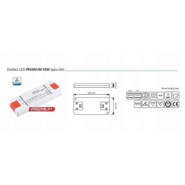 Osvětlení nábytku Napájecí zdroj Slim pro Led 50W, 12VDC, Bez Kabelů, Tuv