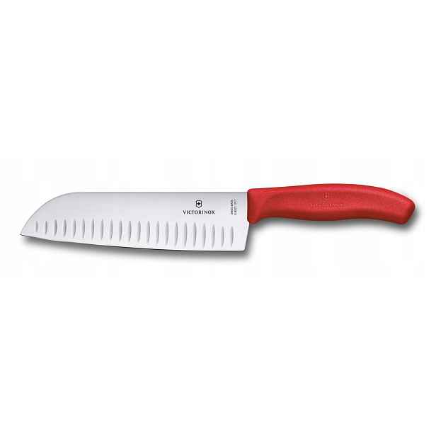 Nůž santoku Victorinox Swiss Classic 17 cm, výbrus s prohlubněmi, červený