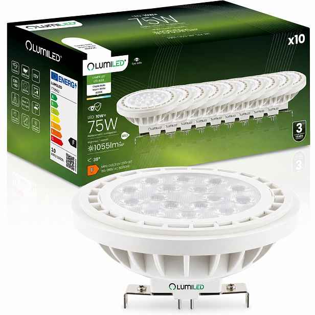 10x Led žárovka G53 AR111 10W 75W 1055lm 4000K Neutrální 38° 12V Lumiled