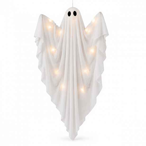 TEMU 1 ks Bílá gáza Halloweenská závěsná dekorace ducha, Velký strašidelný osvětlený duch s děsivým obličejem a tekoucí tkaninou, 47 palců,
