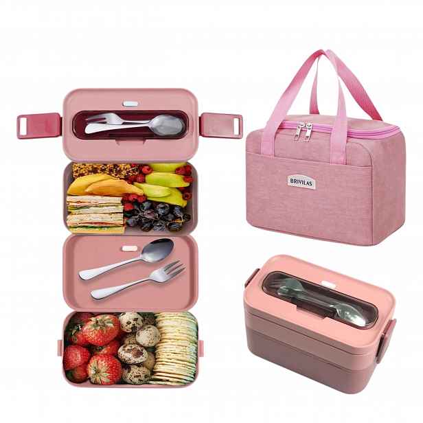 Lunchbox Bento 1600 ml 2 úrovně Vzduchotěsná termotaška na příbory Růžová