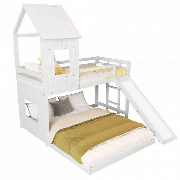 Modfu PATROVÁ postel z borovice a MDF 140x200 cm bílá s domečkovým designem, skluzavkou, schodištěm a ochranou zábranou
