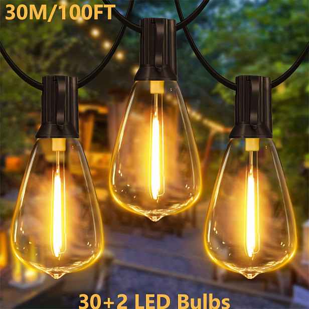 TEMU 30M/15M ST38 Solární stmívatelné řetězové světla - IP65 Závěsná pohádková světla na terasu s LED Edison žárovkami pro venkovní verandu, terasu,