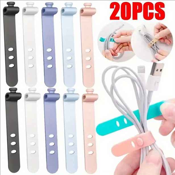 TEMU 20ks Opakovaně Použitelné Silikonové Organizéry Kabelů - Pružné Pásky pro Správu Kabelů pro Sluchátka, USB Nabíječky & Elektroniku, Odolné