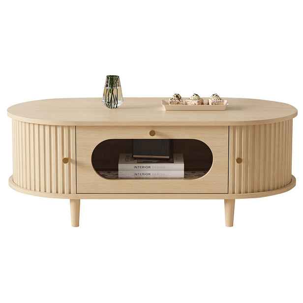 OKWISH KONFERENČNÍ stolek 100/50/36 cm dubová barva z MDF se zásuvkou a roletovými dvířky