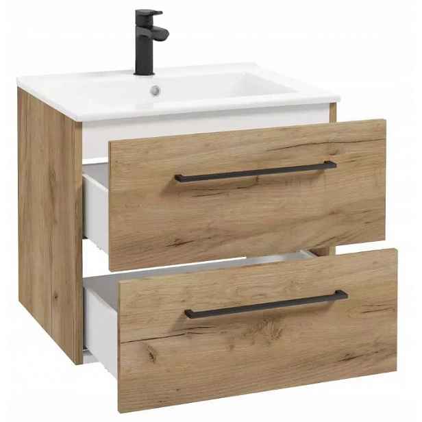 Závěsná koupelnová skříňka s umyvadlem, 50 cm, dub craft s baterií a sifonem