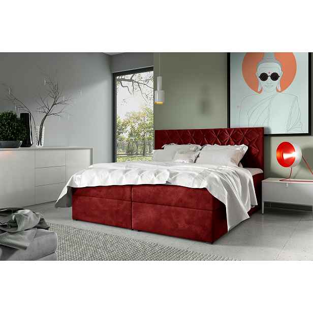 Postel boxspring s prošívaným čelem EUGENA - 200x200, červená + topper ZDARMA