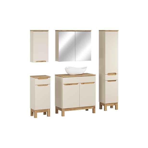 Comad Koupelnová sestava Bali Casad Cloud s deskou, umyvadlem, skříňkami a zrcadlem 80 cm kašmírová/dub wotan