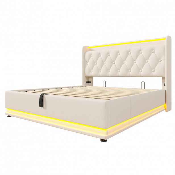 Modfu ČALOUNĚNÁ postel z PU 140x200 cm bílá s LED osvětlením, USB, USB-C a hydraulickým úložným prostorem, s matrací