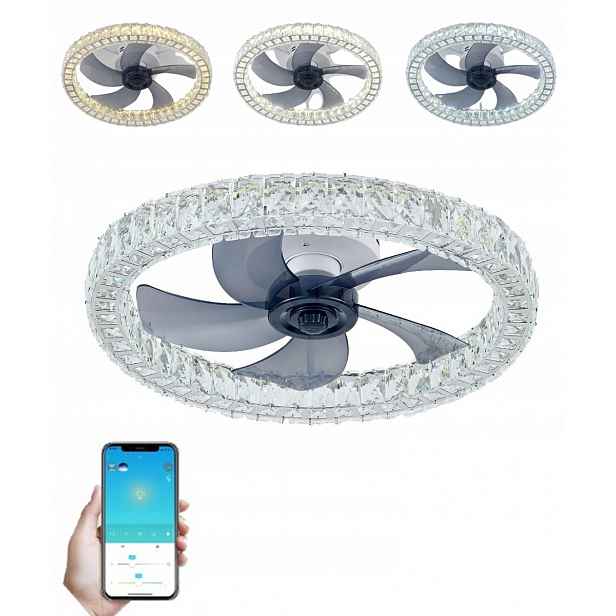 Stropní Ventilátor Křišťálový Led Lustr Glamour Větrák 49 CM