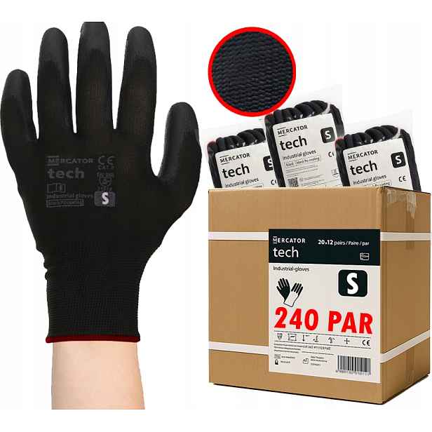 Pracovní Rukavice Mercator Tech Black+Black Pu S 240 párů