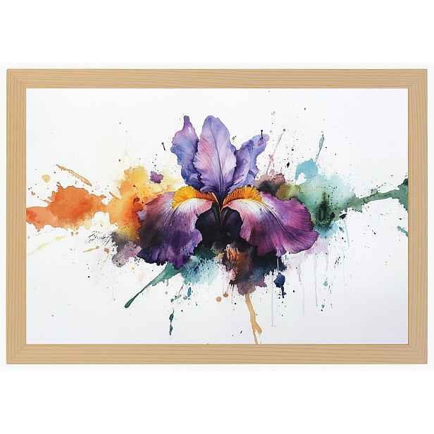 Plakát Rámeček Dřevo Akvarel Příroda Květ Fialový Irys Splash 60x40