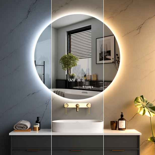 Kulaté koupelnové LED zrcadlo 70 cm s hodinami a odmlžováním