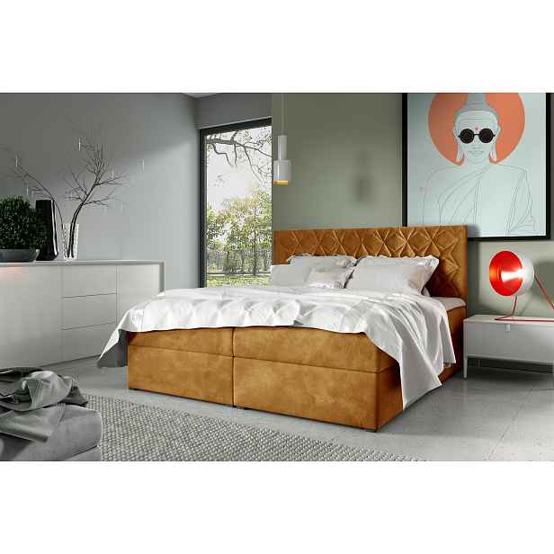 Postel boxspring s prošívaným čelem EUGENA - 200x200, žlutá + topper ZDARMA