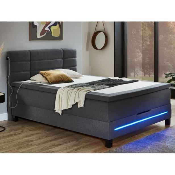 Postel boxspring s osvětlením Jefferson 140x200 cm, antracitová látka