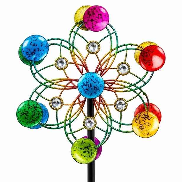 Zahradní větrný mlýn Spinner kovový, dekorativní, výška 91 cm, 2 kolečka, barevný