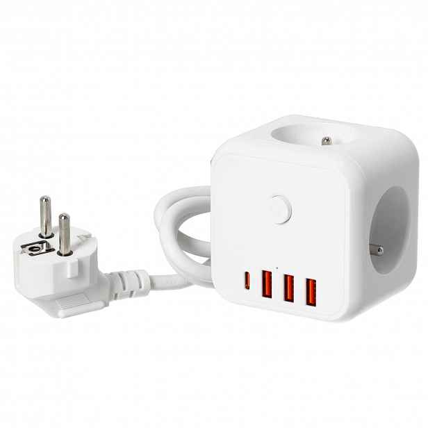 Prodlužovací Kabel 1,5 m Kostka 3gn+USB Rozbočka s vypínačem Bílý