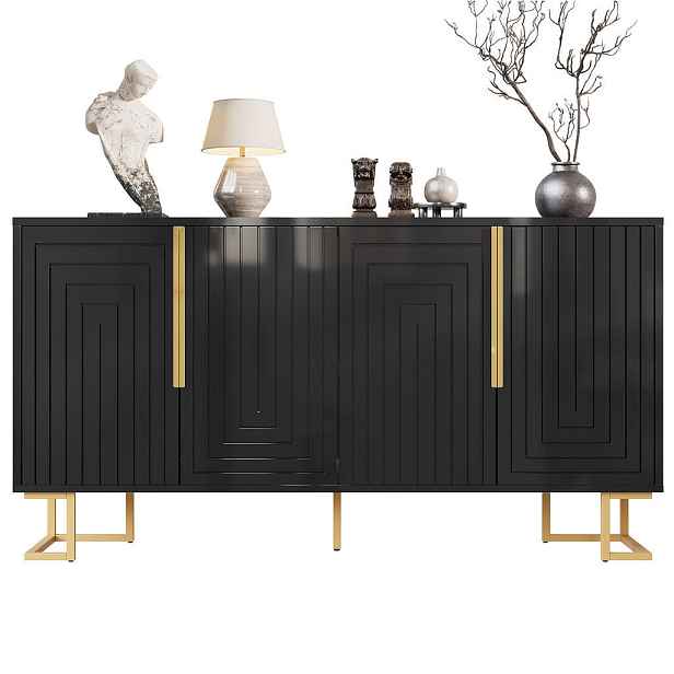 Redom SIDEBOARD 152/40/75 cm s geometrickými dvířky, kovovými nohami a úložným prostorem, Černá