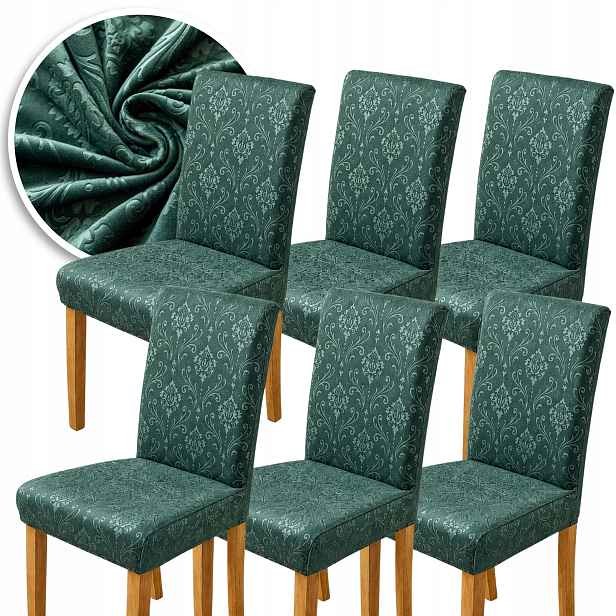 Potah Na Židli Velur Ornament 6 Ks Elastický Univerzální Zelený