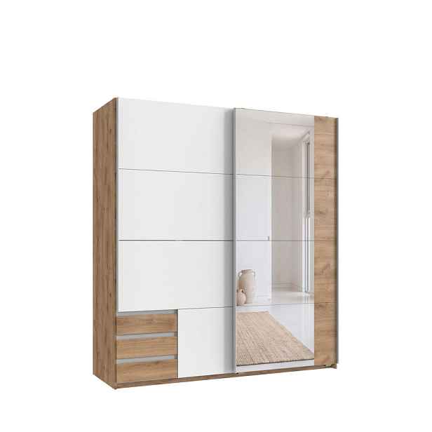 luma-home ZÁVĚSNÁ SKŘÍŇ se 2 dveřmi 179 × 65 × 198 cm (Š×H×V), šatní skříň se zrcadlem a viditelnými zásuvkami v dekoru dubu, 1x dveře v bílé barvě /